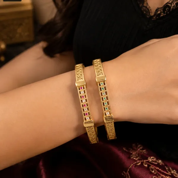 Elegant Ruby & Emerald Gold-Plated Bangles - 1225