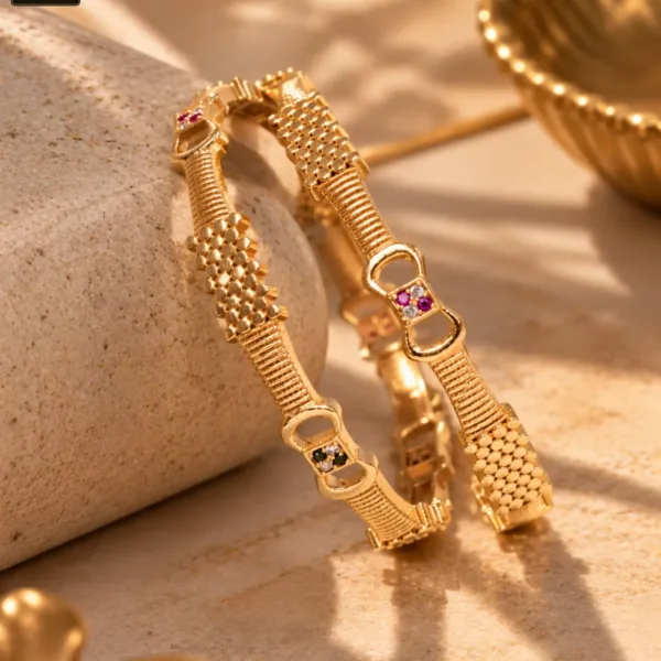 Golden Beaded Ruby Accent Designer Bangles for Women - 1229