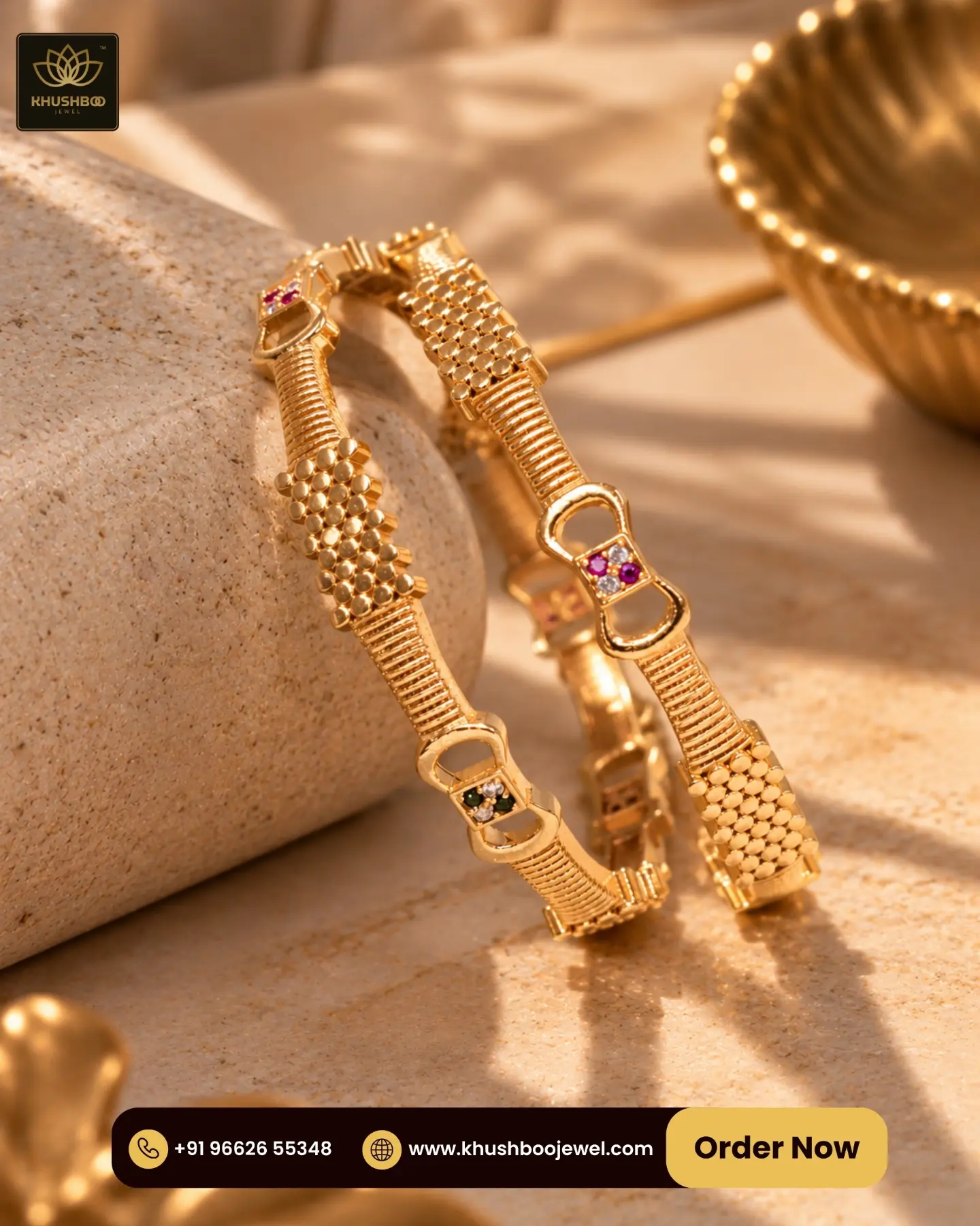 Golden Beaded Ruby Accent Designer Bangles for Women - 1229 1 Golden beaded designer bangles with ruby accents for women by Khushboo Jewel