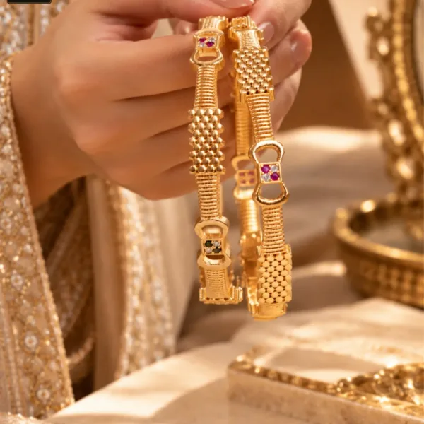 Golden Beaded Ruby Accent Designer Bangles for Women - 1229