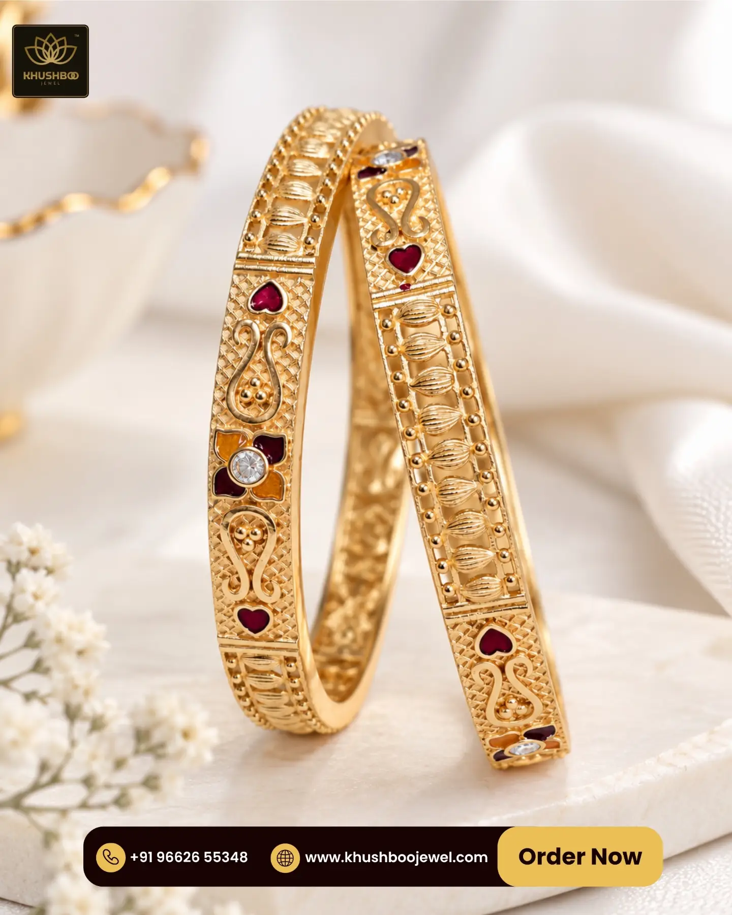 Antique Gold Heart Motif Designer Bangles for Women- 1231 1 Antique gold-tone designer bangles with red heart-shaped stones and intricate traditional motifs by Khushboo Jewel