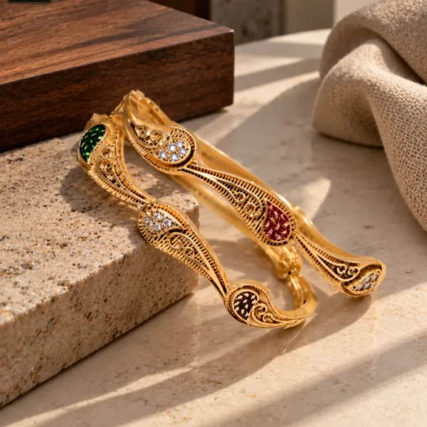 Emerald Ruby Peacock Design Gold Tone Bangles for Women - 1227