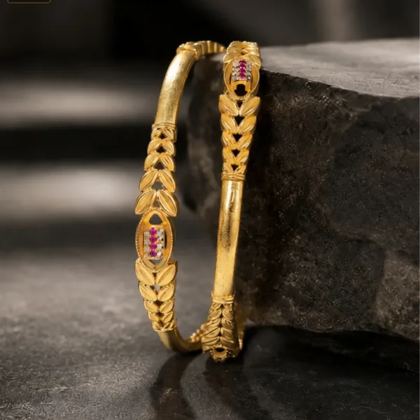 Royal Leaf Pattern Pink Stone Gold Tone Bangles for Women - 1226