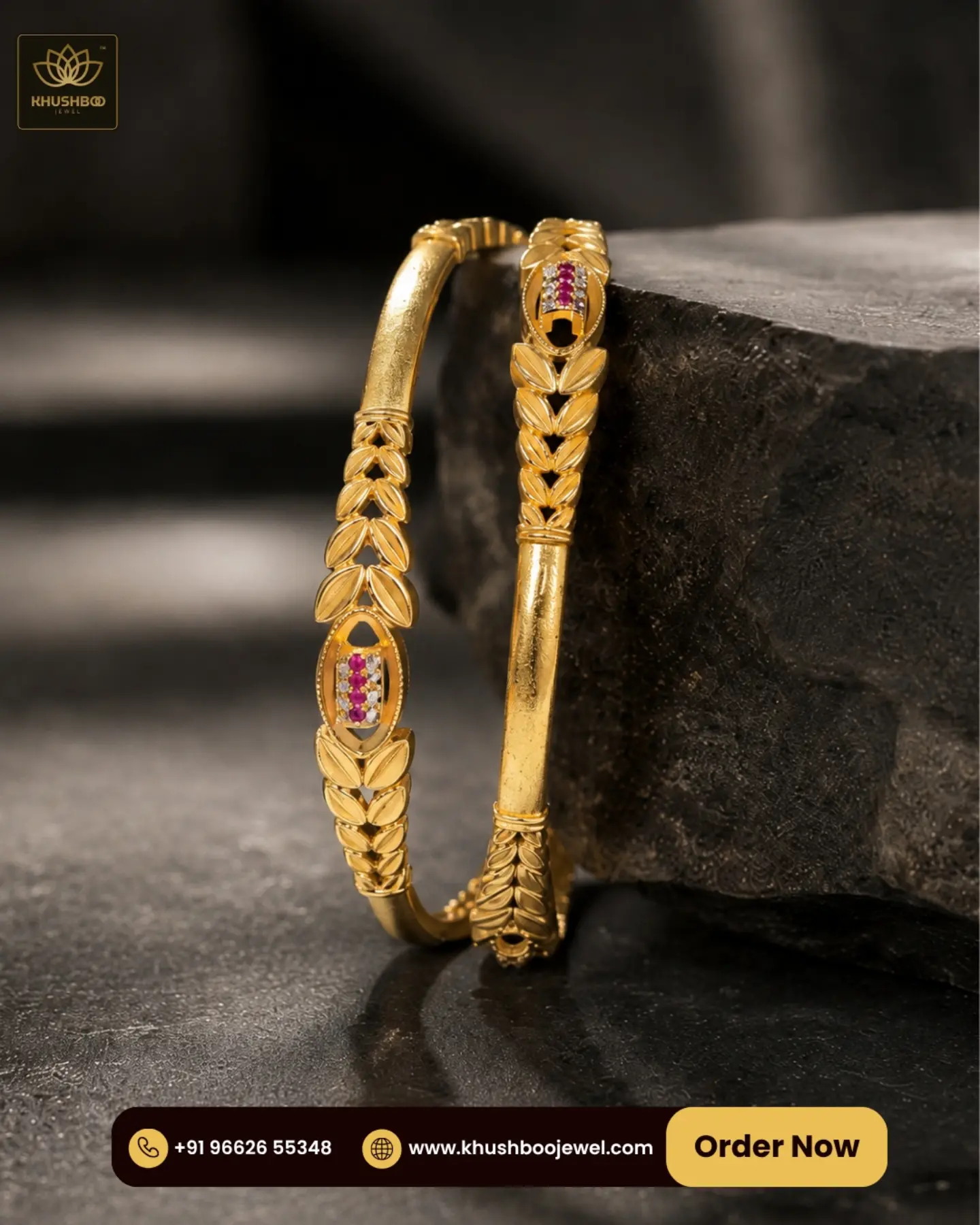 Royal Leaf Pattern Pink Stone Gold Tone Bangles for Women - 1226 2 Royal Leaf Pattern Pink Stone Gold Tone Bangles for Women - 1226 - Image 2