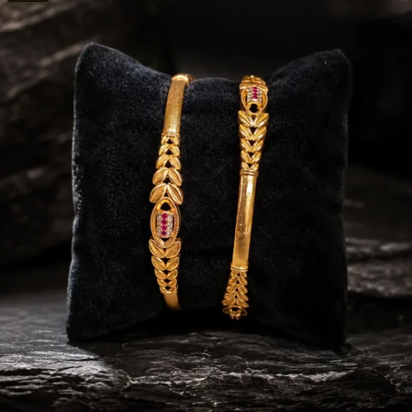 Royal Leaf Pattern Pink Stone Gold Tone Bangles for Women - 1226