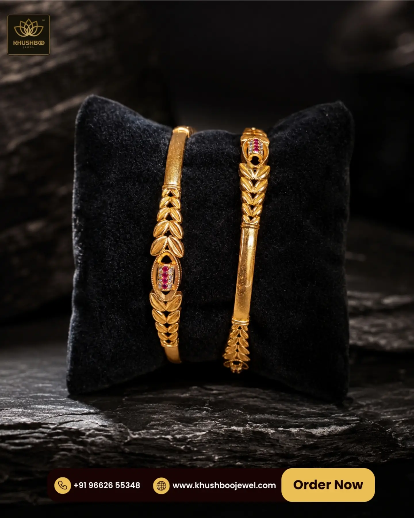 Royal Leaf Pattern Pink Stone Gold Tone Bangles for Women - 1226 1 Royal leaf pattern pink stone gold tone designer bangles for women by Khushboo Jewel
