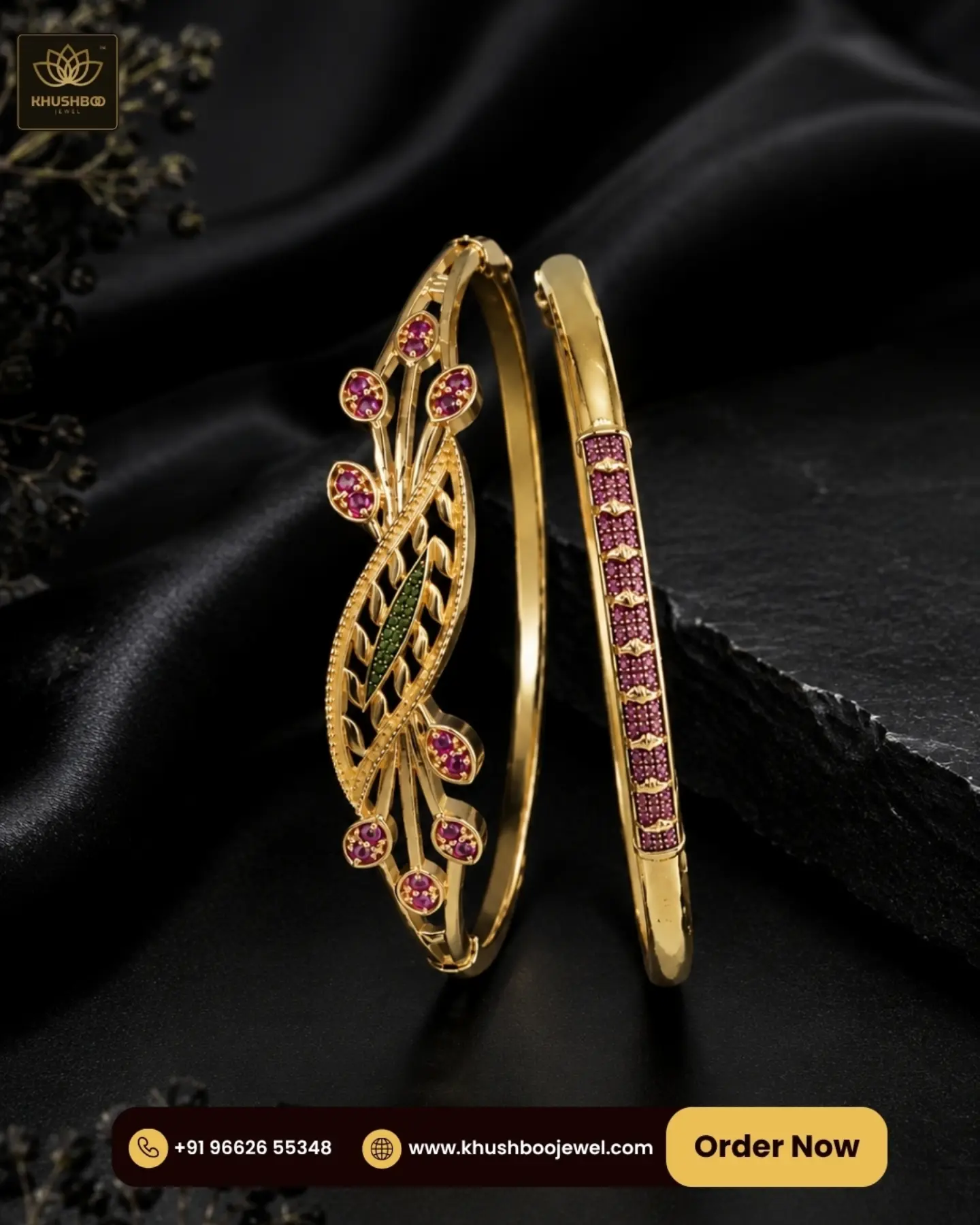 Gold Tone Pink Stone Designer Bangles for Women- 1223 2 Gold Tone Pink Stone Designer Bangles for Women- 1223 - Image 2