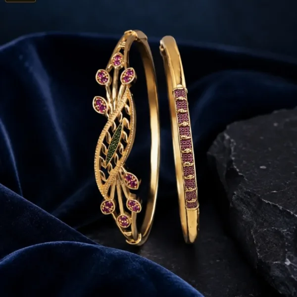 Gold Tone Pink Stone Designer Bangles for Women- 1223