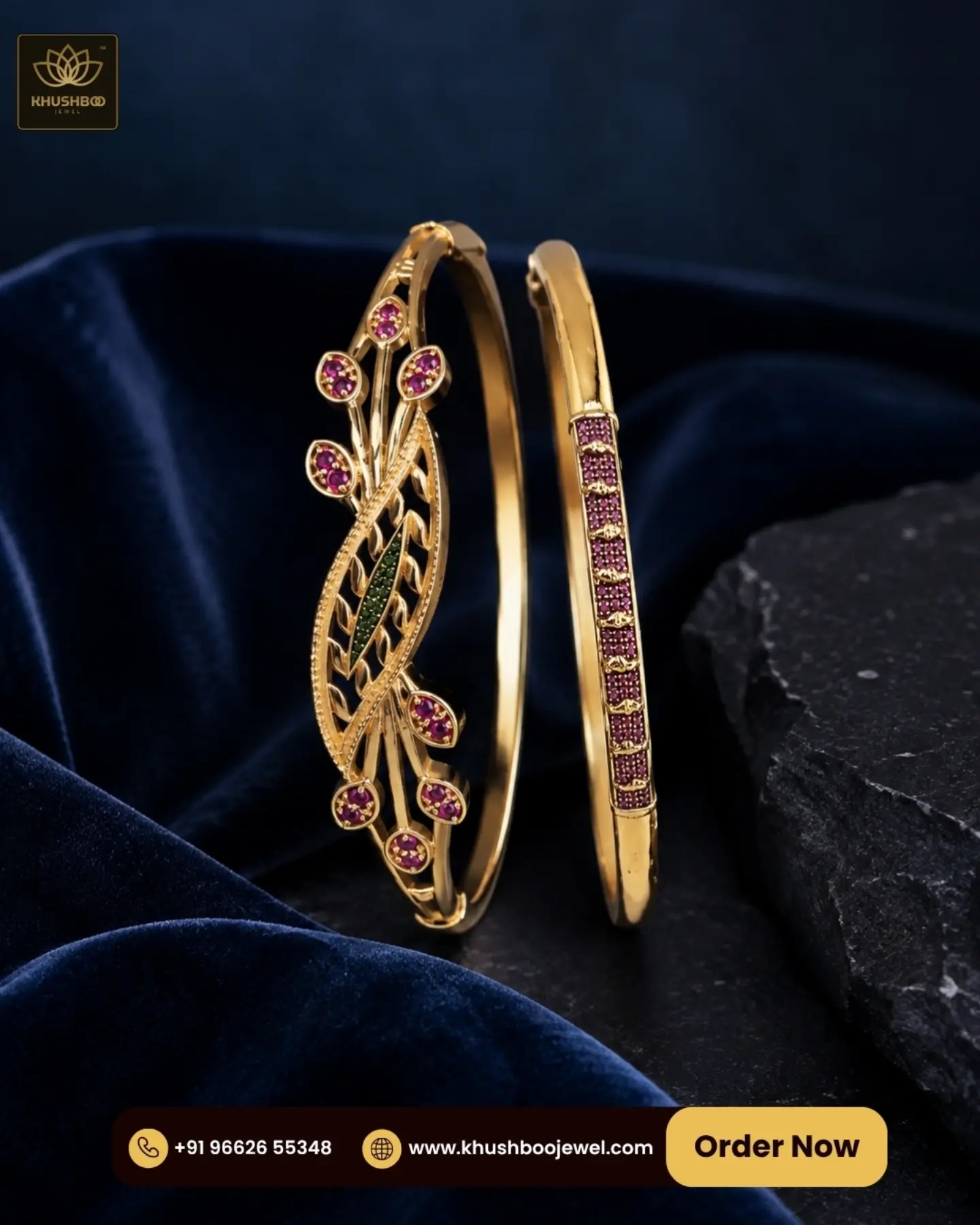 Gold Tone Pink Stone Designer Bangles for Women- 1223 1 Gold tone pink stone designer bangles for women by Khushboo Jewel
