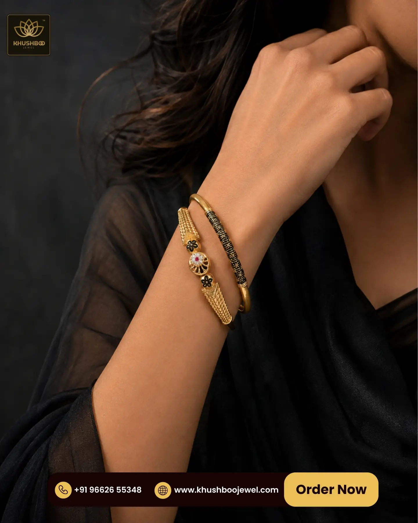 Fashion Gold-Plated Black Textured Kada Bangles for Women - 1222 2 Fashion Gold-Plated Black Textured Kada Bangles for Women - 1222 - Image 2