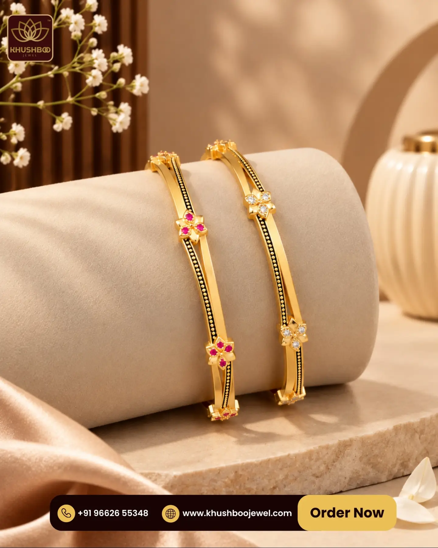 Gold Plated Floral Bangles for Women - 1220 1 Gold plated floral designer bangles for women by Khushboo Jewel